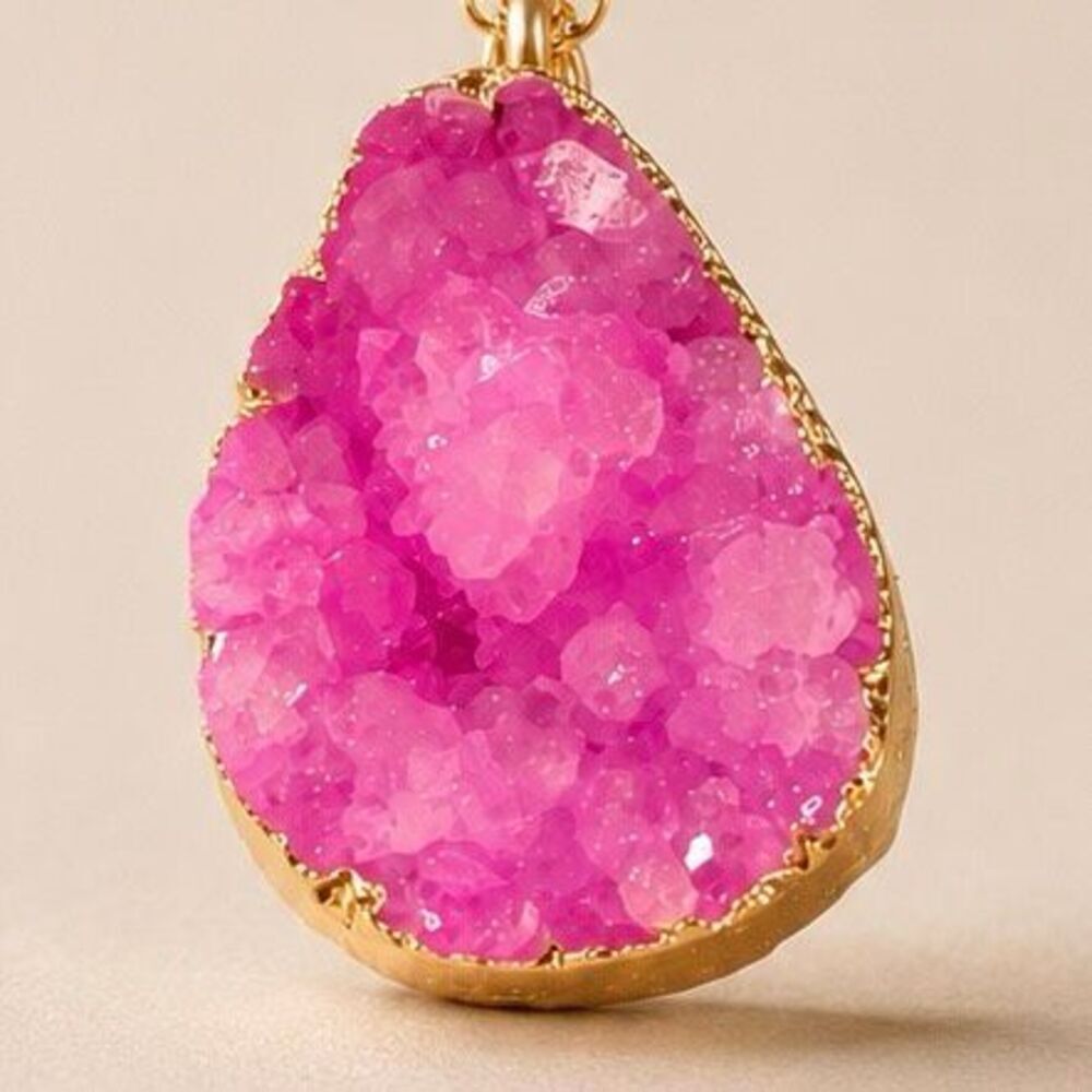 Pink Druzy Teardrop Pendant Necklace, Gold Tone Chain